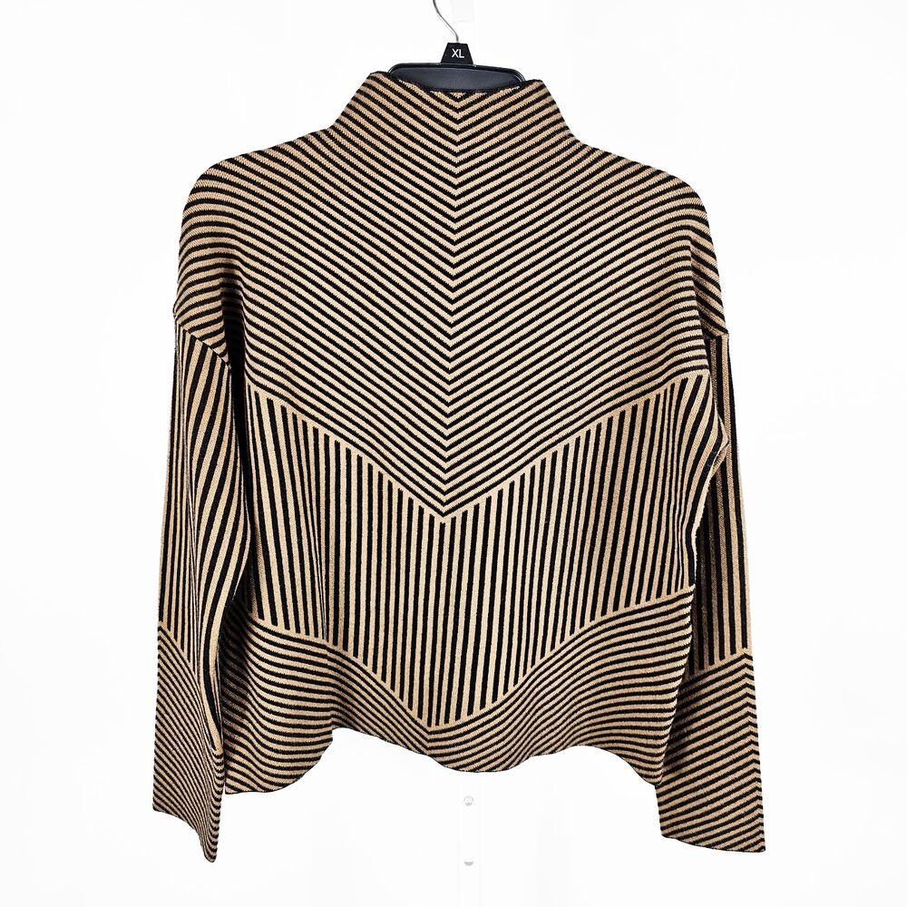 Tahari  Medium Chevron Stripped Black Tan Mock Neck Sweater